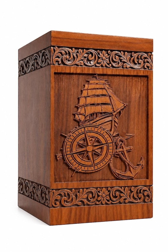 Handmade Personalized Wooden Cremation Urn for Human Ashes, Nautical Memorial Box, Carved Ship Compass