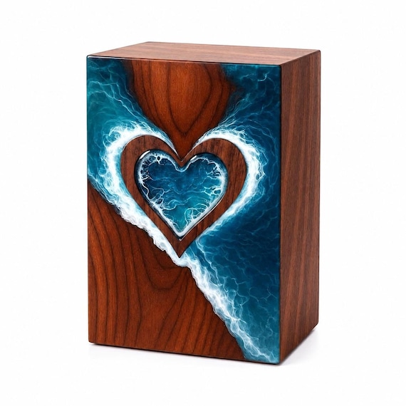 Handcrafted Rosewood ashes Urn, Ocean Resin Heart Memorial Box, Personalized Cremation Keepsake