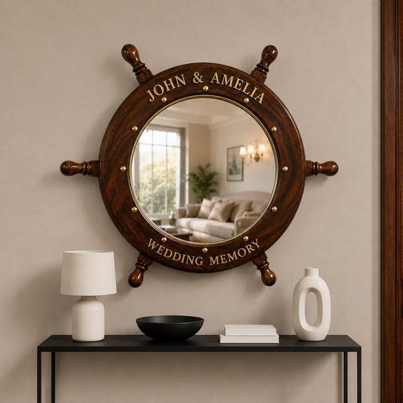 Personalized Ship Wheel Mirror, Solid Rosewood Wall Décor with Brass Name Inlay