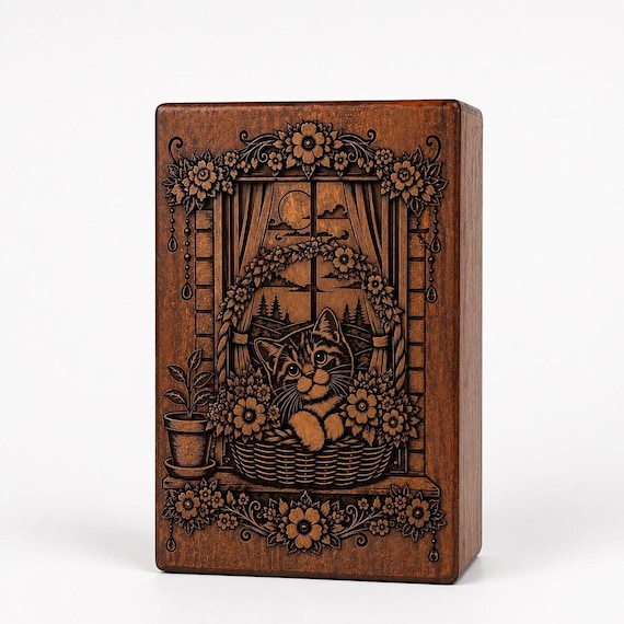 Handcrafted Wooden Cat Urn | Laser Engraved Kitten Floral Memorial Keepsake Box