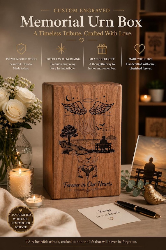 Handcrafted Wooden Urn for Ashes | Tree of Life and Angel Wings Engraved - Personalized Memorial