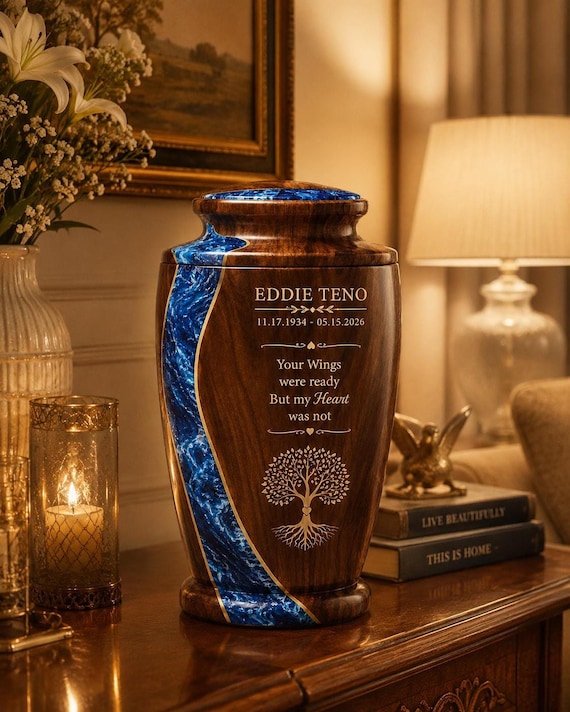 Handmade Rosewood Cremation Urn, Blue Resin Inlay Memorial Keepsake