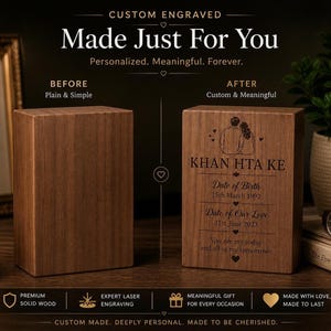 A comparison image showing a plain wooden urn block on the left and a custom engraved memorial urn on the right.