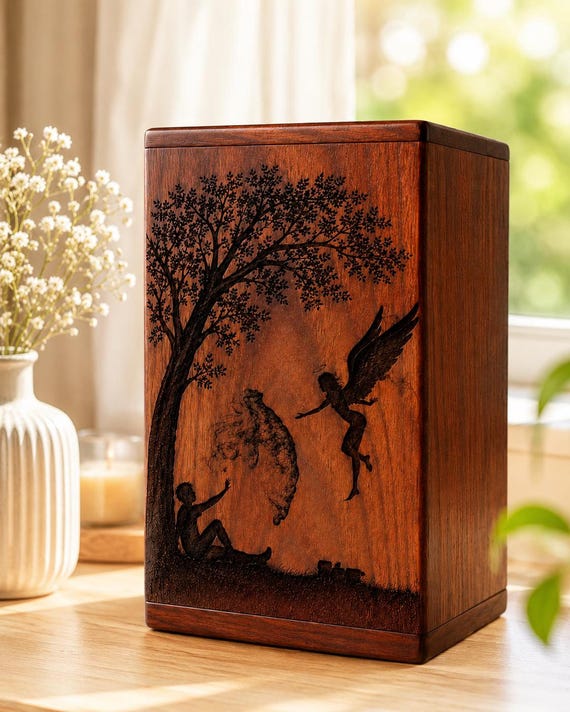 Solid Rosewood Urn Box | Tree of Life, Angel Engraving Memorial Keepsake