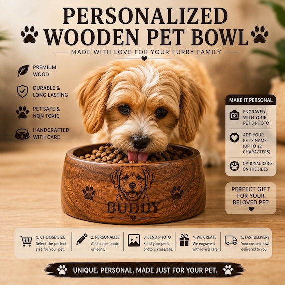 Personalized Wooden Pet Bowl, Custom Engraved Dog Dish, Handmade Cat Feeder, Name Photo