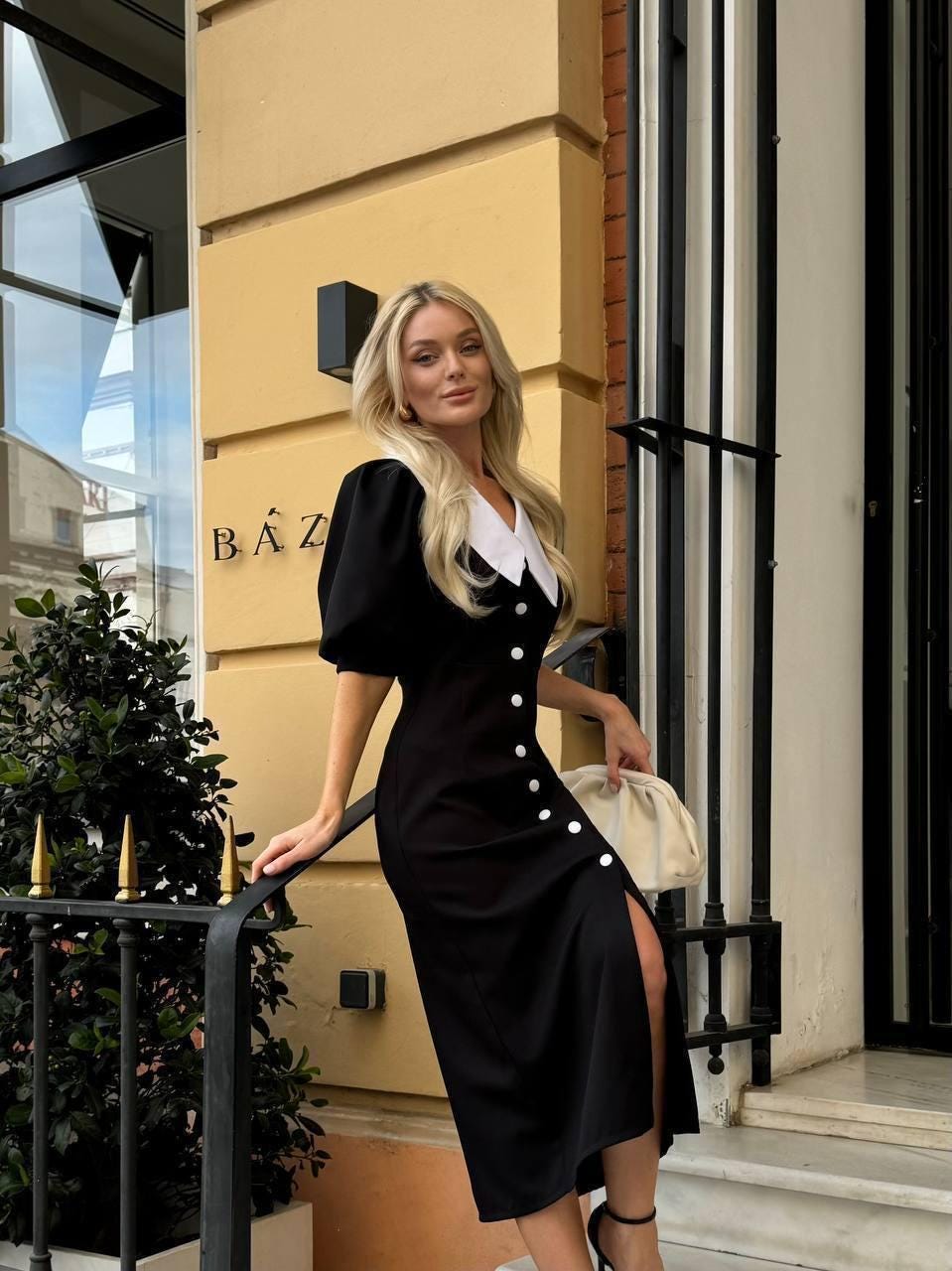black midi dress white collar NARCISS - Black Midi Shirt Dress
