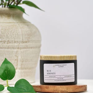 May include: A black candle jar with a wooden lid, labeled "Blue Serenity." The candle sits on a small wooden tray, with a large off-white vase and green leaves in the background. The candle is from Inspire & Company Candles.