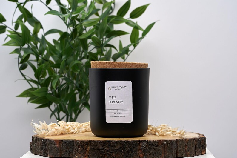 May include: A black candle jar with a cork lid, labeled "Blue Serenity." The jar sits on a wooden slice, with green foliage and dried flowers in the background. The candle is a home decor item.