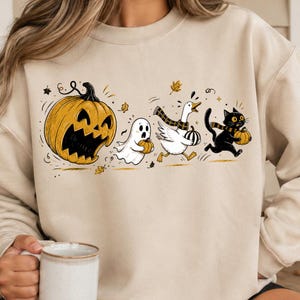 Spooky Pumpkin Chase PNG: Ghost, Goose, Black Cat Halloween Art (Digital Download)