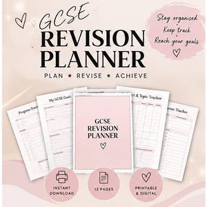 Pode incluir: Um planejador de revisão GCSE com um esquema de cores rosa claro e branco. O planejador inclui páginas para metas, progresso e rastreamento de tópicos. Texto: GCSE REVISION PLANNER, PLAN * REVISE * ACHIEVE, Stay organised, Keep track, Reach your goals.