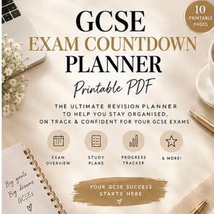 Pode incluir: Um planejador de contagem regressiva para exames GCSE em formato PDF imprimível de 10 páginas. O texto diz: Stay Organised, Stay Focused, Achieve Your Goals, GCSE Exam Countdown Planner, Printable PDF, The ultimate revision planner, Exam Overview, Study Plans, Progress Tracker, & More!, Your GCSE Success Starts Here.