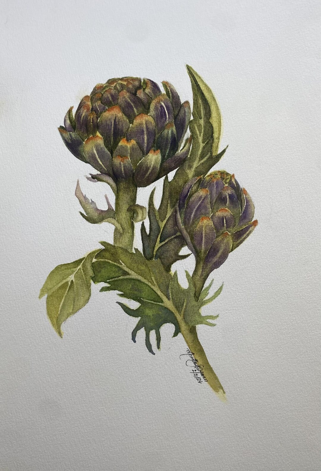 Original Artichoke Watercolor Painting – Green and Purple Botanical Art ...