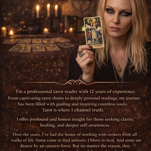 Może przedstawiać: Kobieta trzymająca kartę tarota z napisem "THE TOWER". Obraz zawiera r&oacute;wnież tekst "WHO AM I? My name is Vireya." i "Welcome to Tarot by Vireya."