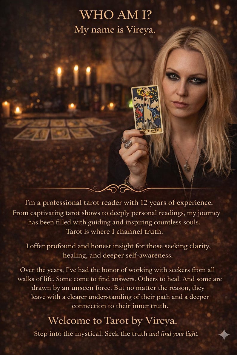 Może przedstawiać: Kobieta trzymająca kartę tarota z napisem "THE TOWER". Obraz zawiera r&oacute;wnież tekst "WHO AM I? My name is Vireya." i "Welcome to Tarot by Vireya."