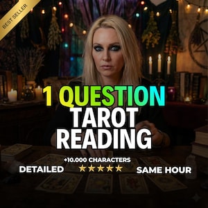 Könnte beinhalten: Ein Bild, das eine Tarot-Lesedienstleistung bewirbt. Der Text lautet "1 Question Tarot Reading" in großen, farbigen Buchstaben. Zusätzlicher Text enthält "Detailliert", "+10.000 Zeichen", "Gleiche Stunde" und eine Fünf-Sterne-Bewertung. Ein "Bestseller"-Banner ist zu sehen.