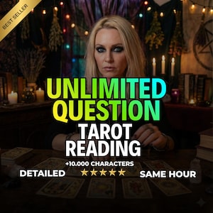 May include: An image promoting tarot readings. The text reads "UNLIMITED QUESTION TAROT READING" in a gradient green and yellow font. Additional text includes "DETAILED", "+10.000 CHARACTERS", "★★★★★", and "SAME HOUR". A woman is in the background.
