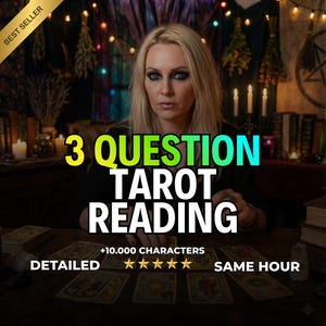 May include: Image of a woman with blonde hair, offering a tarot reading. Text overlay reads "3 Question Tarot Reading" with additional details: "Detailed", "+10.000 Characters", and "Same Hour". The image has a "Best Seller" banner.