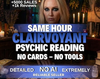 May include: A blonde individual sits behind a wooden table with tarot cards, featuring text that reads: +5000 SALES +1k Reviews, SAME HOUR CLAIRVOYANT PSYCHIC READING, NO CARDS – NO TOOLS, DETAILED, NO AI, EXTREMELY, RELIABLE SELLER.