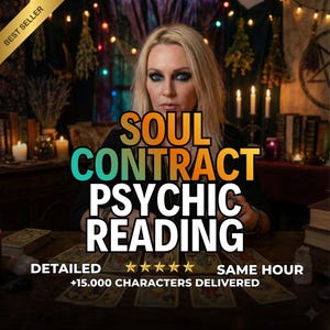 Puede incluir: Anuncio de un servicio de lectura psíquica. La imagen presenta a una mujer con cabello rubio y las palabras "SOUL CONTRACT PSYCHIC READING" en texto grande y colorido. Texto adicional incluye "DETAILED", cinco estrellas, "SAME HOUR" y "+15.000 CHARACTERS DELIVERED".