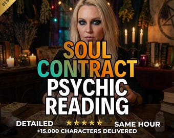 May include: An advertisement for a psychic reading service. The image features a woman with blonde hair and the words "SOUL CONTRACT PSYCHIC READING" in large, colorful text. Additional text includes "DETAILED", five stars, "SAME HOUR", and "+15.000 CHARACTERS DELIVERED".