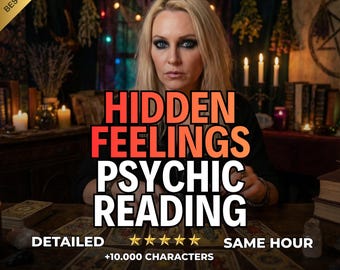 May include: An image promoting a psychic reading service. The text "HIDDEN FEELINGS PSYCHIC READING" is prominently displayed. Additional text includes "DETAILED", "+10.000 CHARACTERS", and "SAME HOUR". The image features a woman and tarot cards.