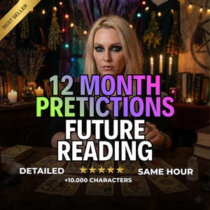 Peut inclure: Image publicitaire pour un service de voyance. Le texte principal est « 12 Mois Prédictions Lecture de l'Avenir » en grandes lettres colorées. On trouve aussi « Détaillé », « Même heure » et « +10.000 caractères ». Une femme est au centre de l'image.