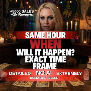 Puede incluir: Una persona de cabello rubio sentada detrás de una mesa de madera con cartas de tarot extendidas. El texto superpuesto dice: +5000 SALES +1k Reviews, SAME HOUR WHEN WILL IT HAPPEN? EXACT TIME FRAME, DETAILED NO AI EXTREMELY RELIABLE SELLER.