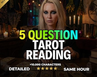 May include: Image of a woman with blonde hair, offering a tarot reading. The text reads "5 Question Tarot Reading" in large, colorful letters. Additional text includes "Detailed", "+10.000 Characters", "Same Hour", and five gold stars. The words "Best Seller" are in a gold banner.