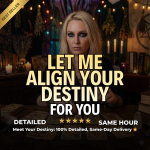 May include: Image features a woman with blonde hair and dark eye makeup. Text overlay reads "LET ME ALIGN YOUR DESTINY FOR YOU." Additional text includes "DETAILED" and "SAME HOUR." A "BEST SELLER" banner is in the upper left corner. Tarot cards are on the table.