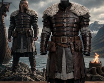 Könnte beinhalten: Eine dunkelbraune Ledertunika mit mehreren horizontalen Riemen mit Metallschnallen, einer grauen Stoffunterlage und einem dicken Kunstfellkragen. Das Kleidungsstück verfügt über integrierte Ledertaschen an der Taille und lange Ärmel.