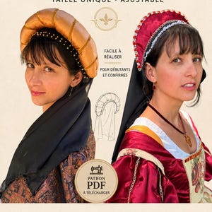 May include: A digital sewing pattern for a medieval headpiece titled PATRON DE COIFFE MÉDIÉVALE. The document includes instructions for a one-size adjustable head covering, featuring illustrations of two styles and icons for PDF download, A4 and A0 formats.