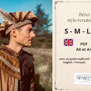 Peut inclure: Un homme porte un béret de style Renaissance avec une plume et une cape en velours marron. L'image comprend le texte « Béret style renaissance » et les tailles S-M-L-XL. L'image comprend également les drapeaux britannique et français.