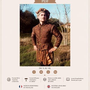 Peut inclure: Un patron de couture PDF pour un pourpoint de style Renaissance, comprenant une veste en brocart marron à col montant, boutonnage sur le devant, épaules structurées et basque à la taille, assortie d'une culotte et d'un béret.