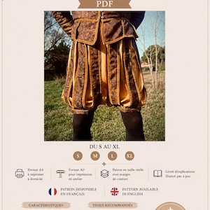 Peut inclure: Un patron de couture PDF pour un short bouffant, avec le texte SHORT BOUFFANT RENAISSANCE PATRON DE COUTURE PDF. Le document inclut les tailles S à XL, des formats d'impression A4 et A0, des marges de couture et un livret d'explications illustré.