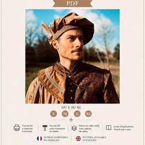 May include: A digital sewing pattern for a Renaissance-style beret, featuring a photograph of a person wearing a brown beret with a feather and a matching brown doublet. The document includes text in French and English, size options from S to XL.