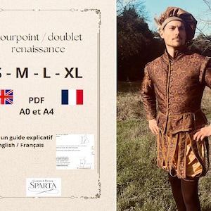 Può includere: Un completo rinascimentale con giubba e brache nei toni del marrone e dell'oro. L'outfit presenta motivi intricati ed è abbinato a un cappello coordinato. L'immagine include anche una tabella delle taglie e istruzioni in inglese e francese.