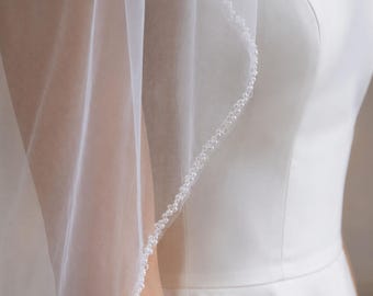 Velo de novia con ribete de perlas, velo nupcial de una sola capa con borde de cuentas cosido a mano, velo de tul suave de longitud personalizada, accesorio nupcial romántico