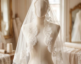 Cathedral Mantilla Veil, Ivory Chantilly Eyelash Lace, Elegant Wedding Bridal Veil