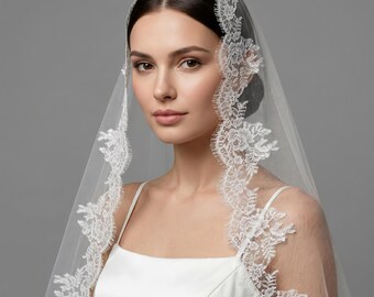 Cathedral Mantilla Veil Eyelash Lace, Cathedral Length Mantilla Veil, Ivory Chantilly Lace Bridal Veil, Elegant Lace Wedding Veil