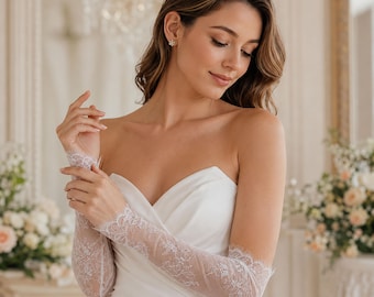 Guantes de novia de encaje Chantilly, calentadores de brazos de boda con borde festoneado, elegantes accesorios de novia