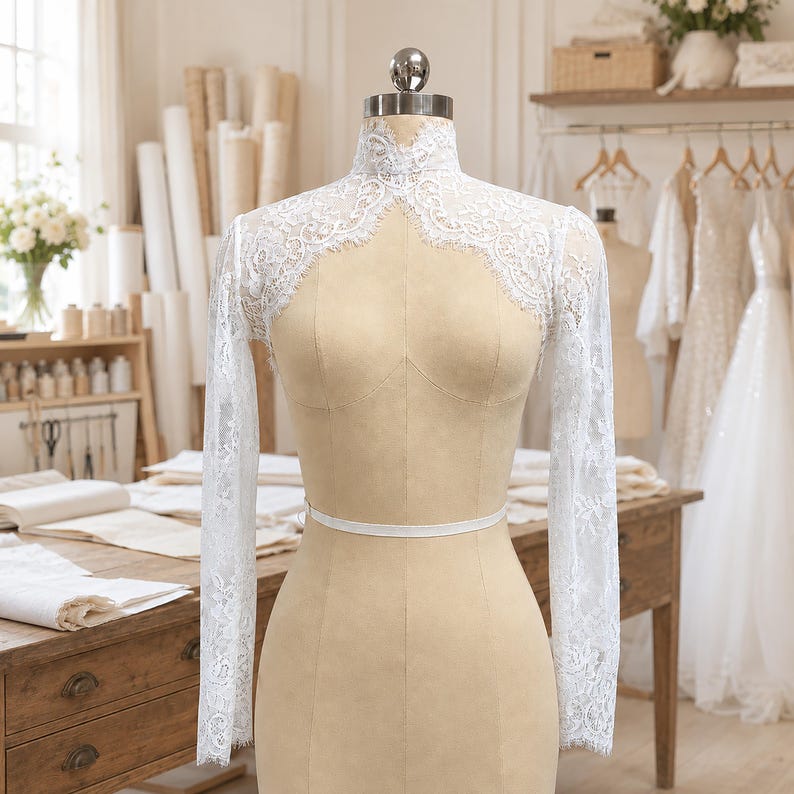 May include: A white lace bolero with long sleeves and a high mock neck collar, featuring intricate floral patterns and scalloped edges. The garment is displayed on a beige dress form, showcasing the delicate lace texture and fitted design.