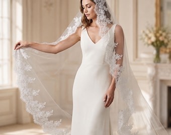 Ivory Cathedral Lace Mantilla Veil, Romantic Spanish Chantilly Bridal Wedding Veil