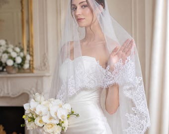 Velo de novia catedral de encaje con velo corto, velo de novia de dos capas, velo de tul suave, velo de encaje romántico, velo de novia clásico.