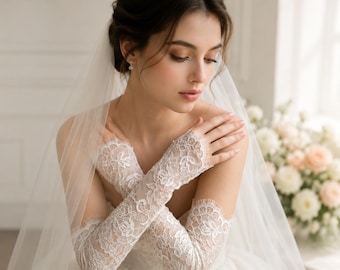 Guantes de novia de encaje Chantilly, guantes de boda de encaje, guantes de encaje festoneados, guantes de novia personalizados, elegantes accesorios de boda
