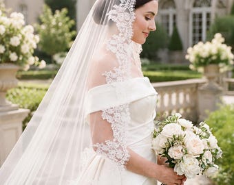 Cathedral Mantilla Veil, Spanish Floral Lace, Scalloped Chantilly Trim, Bridal Tulle