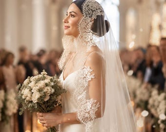 Ivory Cathedral Lace Mantilla Veil, Romantic Spanish Eyelash Bridal Wedding Veil