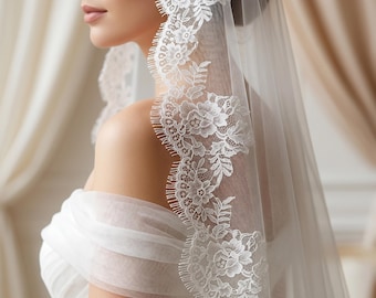 Handcrafted Chantilly Eyelash Lace Cathedral Mantilla Veil, Spanish Bridal Wedding Accessory