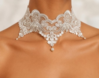 Gargantilla de perlas y encaje blanco para novia, collar colgante de perlas para boda, personalización gratuita.