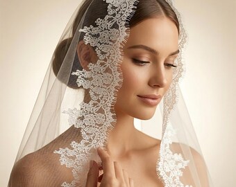 Cathedral Mantilla Veil with Comb, Chantilly Lace Bridal Headpiece, Spanish Inspired Scalloped Edge, Ivory Wedding Veil