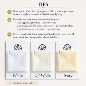 Puede incluir: Un gr&aacute;fico informativo titulado TIPS con tres muestras de tela cuadradas etiquetadas como White, Off-White e Ivory. El texto ofrece consejos para comparar los colores de vestidos con una hoja de papel y se&ntilde;ala que el tul parece m&aacute;s claro al desplegarse.